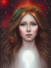 Christmas themed portrait of a beautiful girl with Christmas ornaments. Winter scenery. Ai generated illustration with custom trained model with model release and reference images 