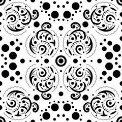 Abstract seamless pattern with swirls and dots . Vector background. Decorative background. Seamless abstract pattern in black and white.