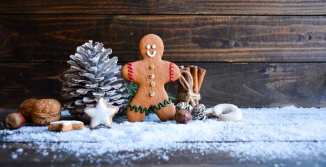  Christmas background banner with gingerbread man and cookies - Panorama, Header with copy space -...