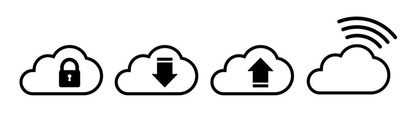 Cloud icon set in black in flat style. Abstract symbols in flat style. Simple cloud icons set isolated on white background. Vector illustration