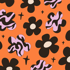 Groovy hippie psychedelic flowers colorful background. Doodle summer 60s and 70s retro festival hippy pattern surface. Vector clipart illustration.