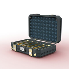 sci-fi reinforced metal sage case full of gold bars. 3D render isolated on transparent
