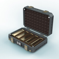 sci-fi reinforced metal sage case full of gold bars. 3D render isolated on transparent