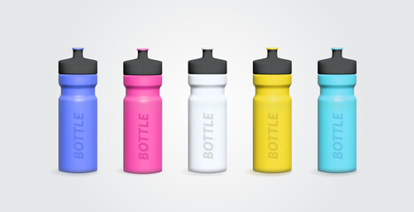Collection matte plastic sports water bottle. Photorealistic packaging mockup template. Vector 3d