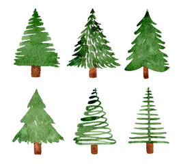 Watercolor christmas tree set on white background.