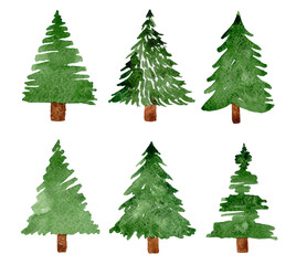 Watercolor set of christmas trees isolated on white background.