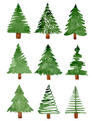 Watercolor christmas trees set isolated on white background.