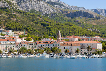 The town of Makarska, Split-Dalmatia, Croatia as seen from the Adriatic Sea.