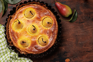 Homemade pear pie. Fruit tart with seasonal fruits