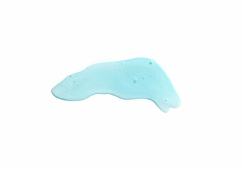 Blue cosmetics gel, serum or peeling drop isolated on white background. Oily slime with air bubbles...