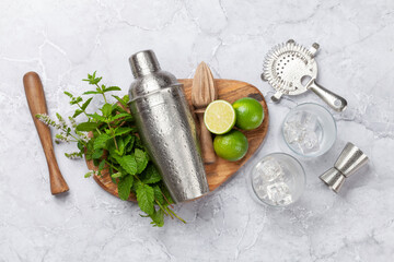 Mojito cocktail ingredients and drinks utensils