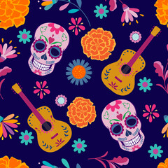 Seamless vector pattern with elements of the Mexican Day of the Dead 