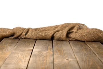 Burlap hessian or sacking on white wooden background