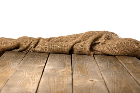 Burlap hessian or sacking on white wooden background