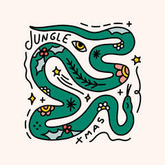 Groovy comic Xmas funny snake wild animal isolated on color background. Doodle boho Christmas and New Year cartoon doodle character, holiday card, sticker, coloring decor element. Vector clipart