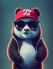Fototapeta premium Portrait of a cool and cute white and black panda bear. Posing at a photoshoot in Hiphop clothes with a colored background