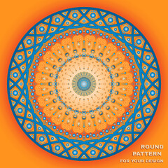 Vector round pattern with text in orange and blue. Element for your design.