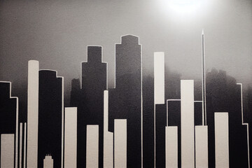 black and white city skyline painting on the wall 