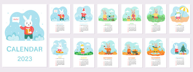 Obraz premium Calendar 2023 template with cute rabbit. Design of calendar with a symbol of the new year. 12 months and four seasons. Vector illustration