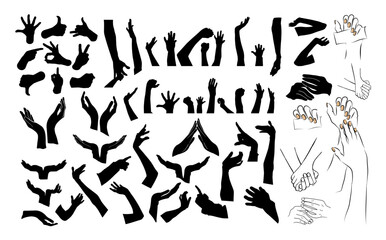 Set of various black silhouette woman hands. Vector collection of female hands of different gestures. Trendy minimal style for logos, prints, designs, illustrations.