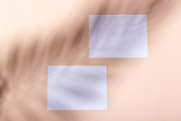 Mockup with blank horizontal sheets of paper with copy space. Hard sunlight and shadows on a white background with palm leaves. Template for business layout. Top view, flat lay