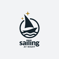 Ship Boat with Stars for Sailing at Night, Fisherman Sailboat on the Ocean Sea Wave Silhouette logo design - obrazy, fototapety, plakaty