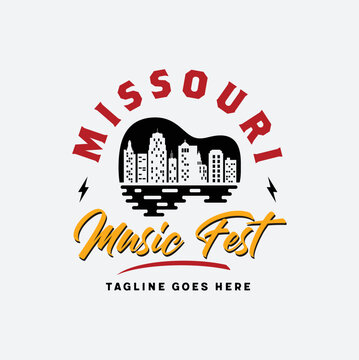 Kansas City Missouri Apartment Building Skyline with Guitar Instrument for Music Fest Festival Fiesta Logo Design