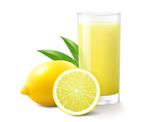Glass of fresh lemonade with whole and piece of lemon. Juicy citrus with leaves, isolated on white background. Smoothies of lemon. Realistic 3d vector illustration for advertising your products