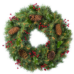 Fototapeta na wymiar Christmas decorative wreath of holly, ivy, mistletoe, cedar and leyland leaf sprigs