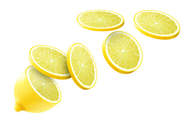 Half Lemon and Flying Slices of lemon isolated on white background. Realistic 3d vector illustration for advertising your products
