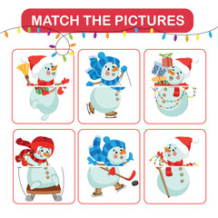 children's educational Activity game. Connect the parts of the snowmen