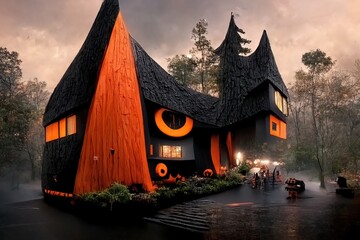 Obraz premium Black and orange house with Halloween theme, 3d render