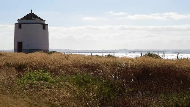 Old mill next to Praia dos Moinhos beach in Alcochete, Portugal and wind rocking yellow grass