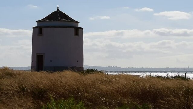 Old mill next to Praia dos Moinhos beach in Alcochete, Portugal and wind rocking yellow grass