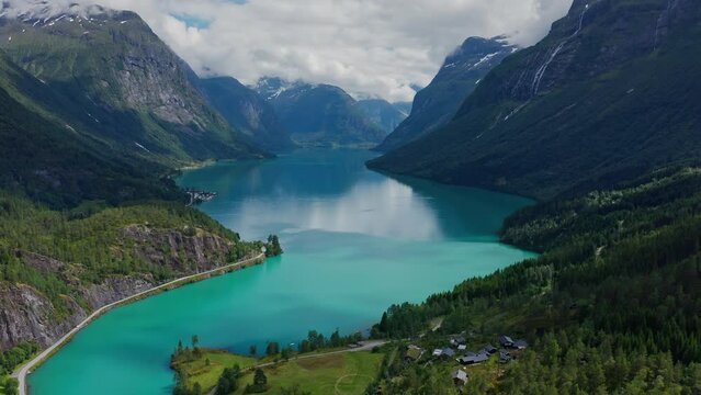 Beautiful Nature Norway natural landscape. Aerial footage lovatnet lake with turquoise water
