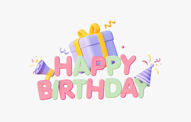 3d Happy Birthday. Notification of the upcoming holiday. A gift with a birthday cap and confetti. illustration of 3d rendering.