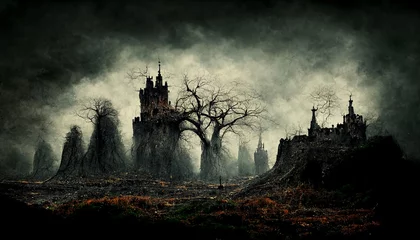 Fototapeten Dark gothic abandoned castle with dead trees in creepy fantasy landscape © Nordiah