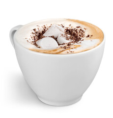 Coffee with marshmallows on white background
