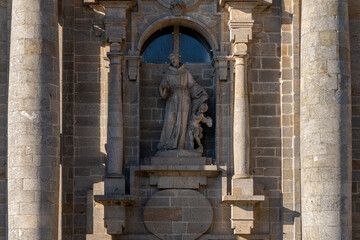 Facade of the Church of San Francisco with his image, Santiago de Compostela, Galicia, Spain. Santiago's road.