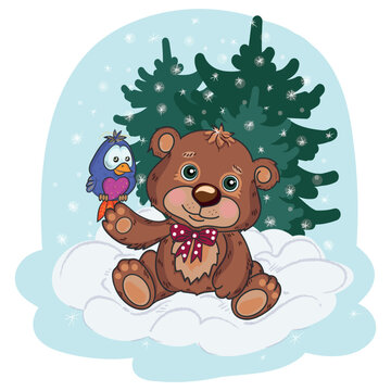 a cute bear cub with a friend bird on its paw, a spruce forest sits in the snow behind them, snow is falling