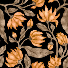 Seamless floral pattern. Vintage print for textiles. Branches with flowers are drawn on paper with a graphite pencil.