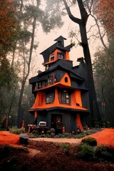 Black and orange house with Halloween theme, 3d render