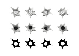 Bullet cracks realistic and flat icon set. Gun shot impact crack on metal surface vector collection.
