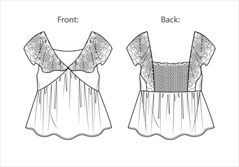 Vector sleeveless top with ruffles fashion CAD, woman tank top with frills and lace details technical drawing, template, sketch, flat. Jersey or woven fabric top with front, back view, white color - obrazy, fototapety, plakaty