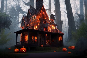 Obraz premium Black and orange house with Halloween theme, 3d render