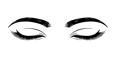 Illustration of a luxurious female closed eyes with perfectly shaped eyebrows and full eyelashes. Hand drawn closed eyes idea for business card, typography vector. Perfect view of the salon. Vector