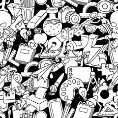 Cartoon vector doodles hand drawn graphic design seamless pattern. Black and white.