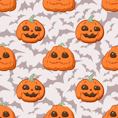 Halloween seamless pattern, bats, funny and evil pumpkins. Vector background. cartoon character illustration. For cover, gift wrapping, fabric, paper, etc.