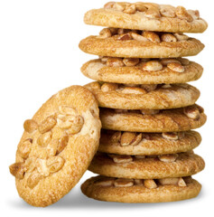 Delicious stacked cookies with nuts isolated on white background