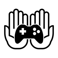 Hands open with console controller icon. Hand holding a video game gamepad joystick symbol logo. Vector illustration.